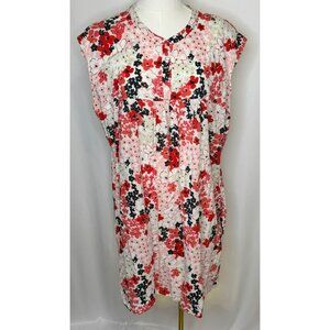 Anne Klein AK Jeans Floral Print Sleeveless Cotton Dress XL Red White Black Pock